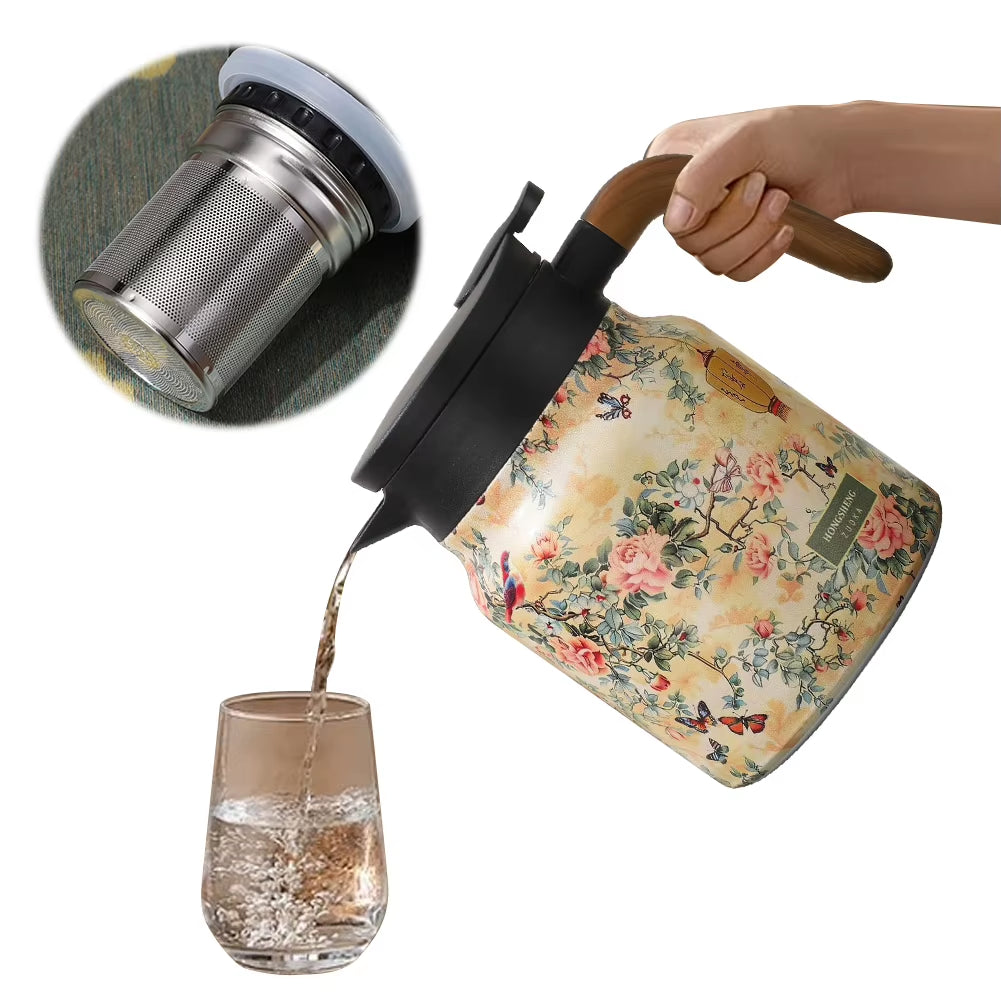 1000ml Vintage Floral Stainless Steel Tea Thermos with Drip-Proof Design and Tea Infuser