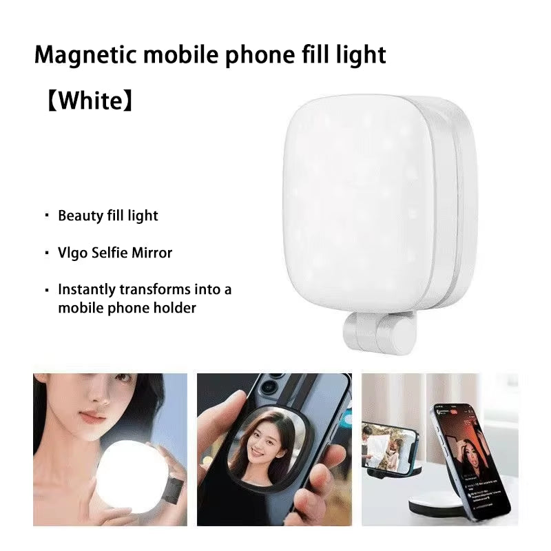 Portable LED Selfie Fill Light with Makeup Mirror and Mobile Phone Holder