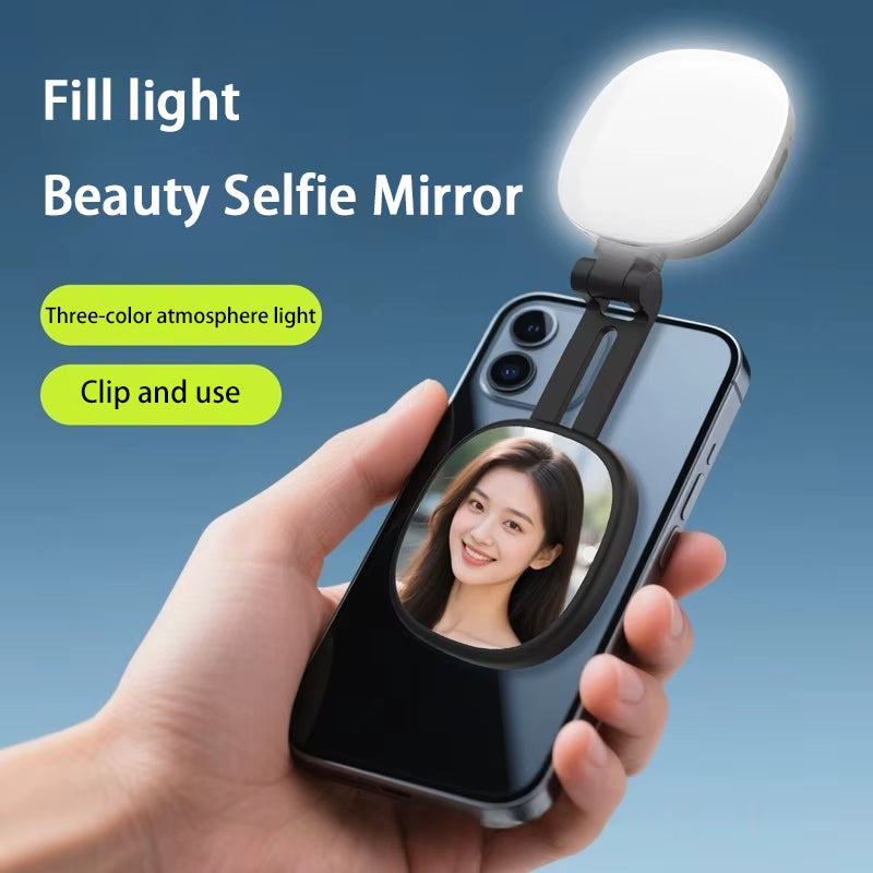 Portable LED Selfie Fill Light with Makeup Mirror and Mobile Phone Holder