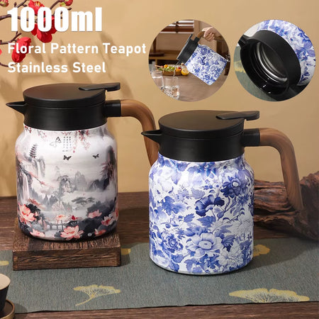 1000ml Vintage Floral Stainless Steel Tea Thermos with Drip-Proof Design and Tea Infuser