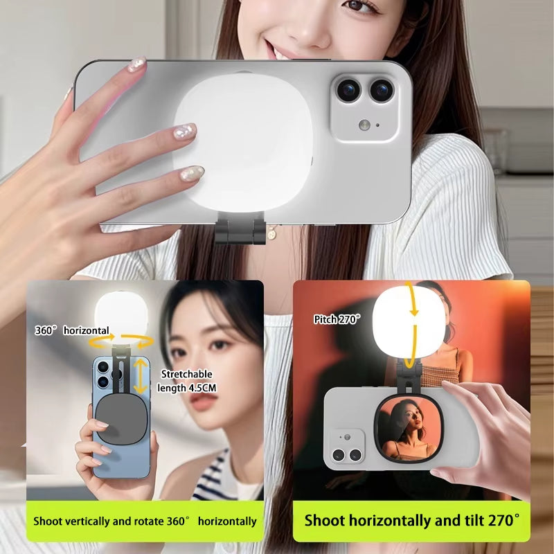 Portable LED Selfie Fill Light with Makeup Mirror and Mobile Phone Holder