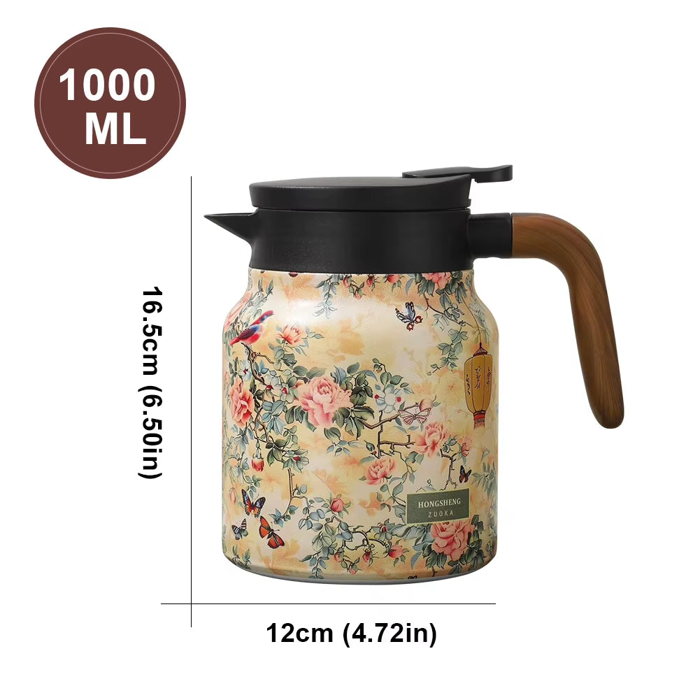 1000ml Vintage Floral Stainless Steel Tea Thermos with Drip-Proof Design and Tea Infuser