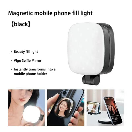 Portable LED Selfie Fill Light with Makeup Mirror and Mobile Phone Holder