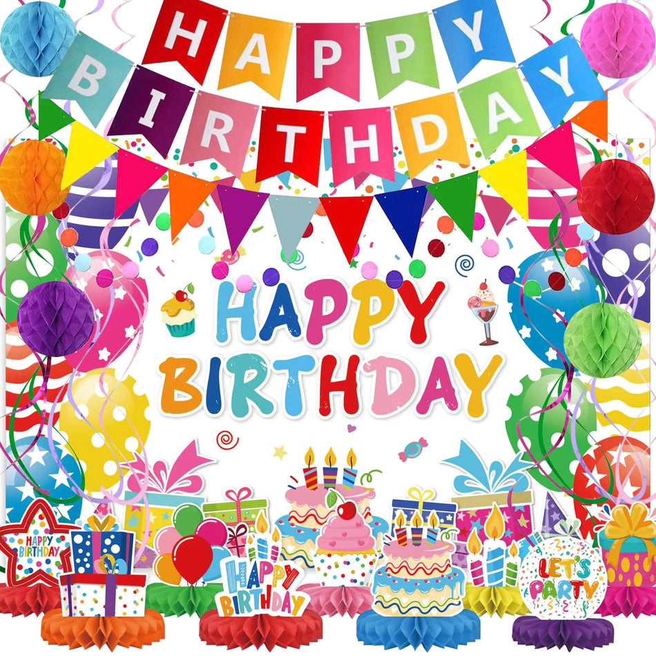Colorful Birthday Decoration Set – Happy Birthday Banner, Honeycomb Balls, Swirls, Bunting & Backdrop | Reusable Party Supplies for Kids & Adults