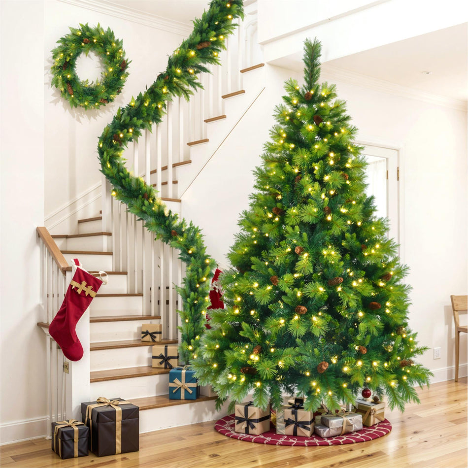 6-Foot Artificial festival Tree Set – Pre-Lit Pine with Garland & Wreath (LED, Green)