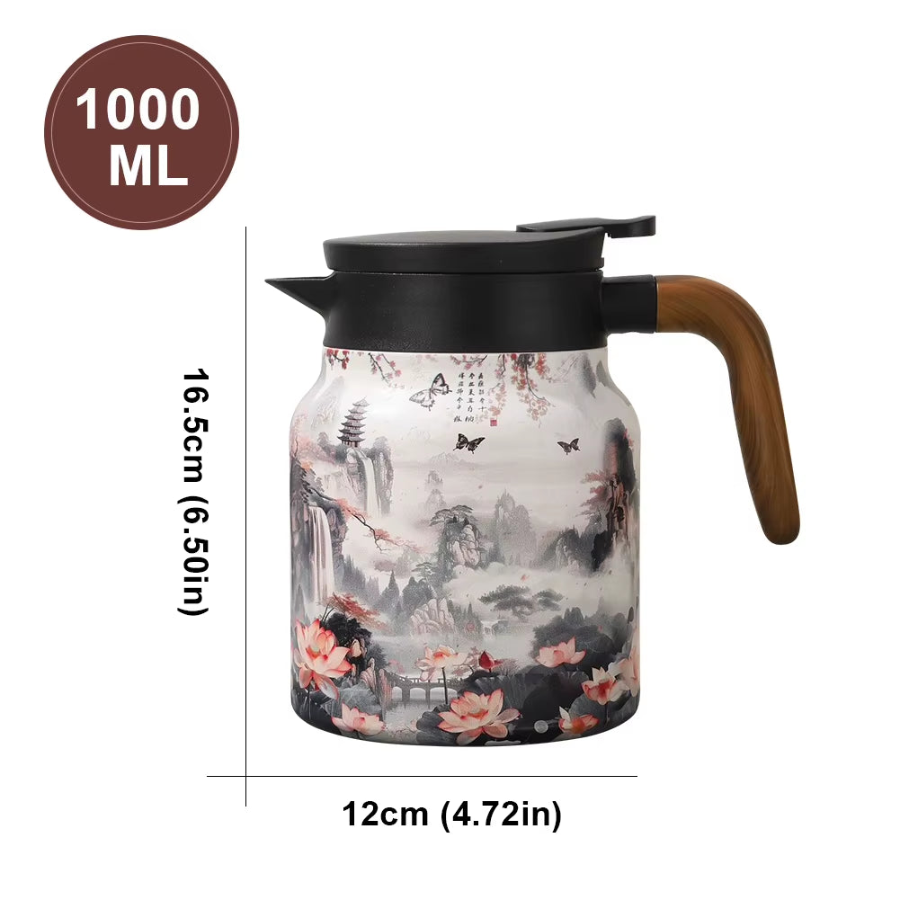 1000ml Vintage Floral Stainless Steel Tea Thermos with Drip-Proof Design and Tea Infuser